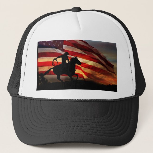 Patriotic Cowboy Country Western Roper Horse Trucker Hat (Front)