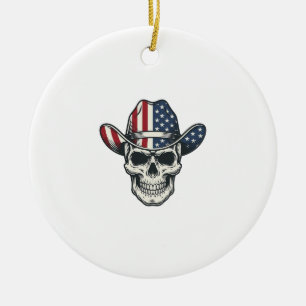 Patriotic Cowboy Skull Vintage Engraving Shirt_1 Ceramic Tree Decoration