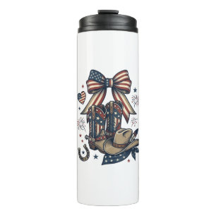 Patriotic Cowgirl Boots and Bow Western Shirt Desi Thermal Tumbler