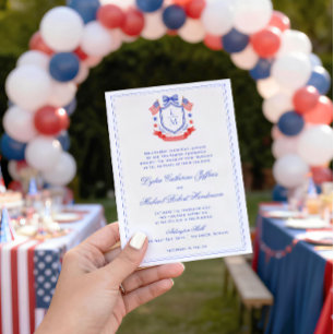 Patriotic Crest w/ US Flags   Monogram Wedding Invitation