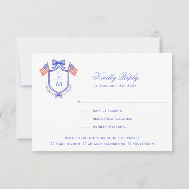 Patriotic Crest with Flags| Monogram Wedding RSVP Card (Front)