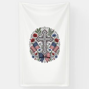 Patriotic Cross Floral Flag Vintage Banner