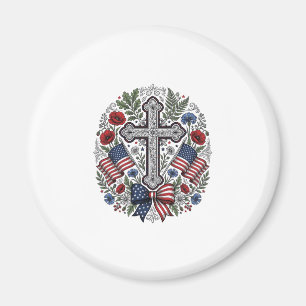 Patriotic Cross Floral Flag Vintage Magnet