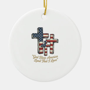 Patriotic Cross God Bless America Shirt Design_1 Ceramic Tree Decoration