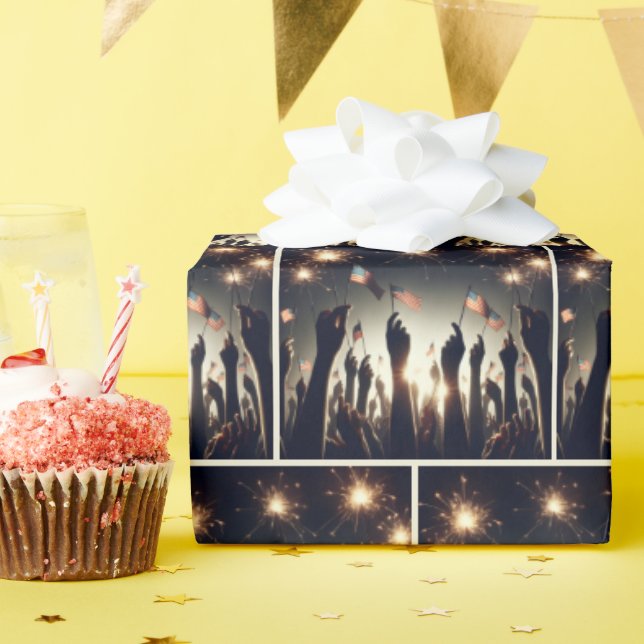 Patriotic Crowd Holding American Flags Wrapping Paper (Birthday Party)
