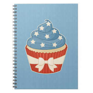 Patriotic Cupcake on Blue Stripes Spiral Notebook