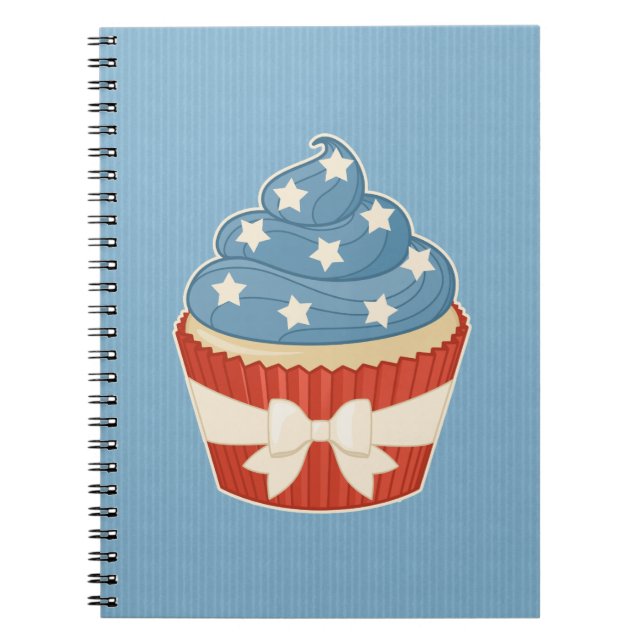 Patriotic Cupcake on Blue Stripes Spiral Notebook (Front)