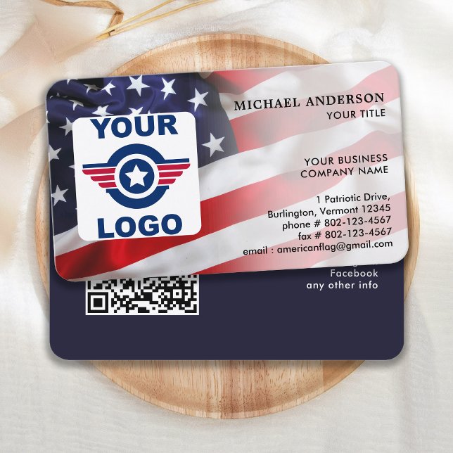 Patriotic Custom Logo QR Code American Flag Business Card (Creator Uploaded)