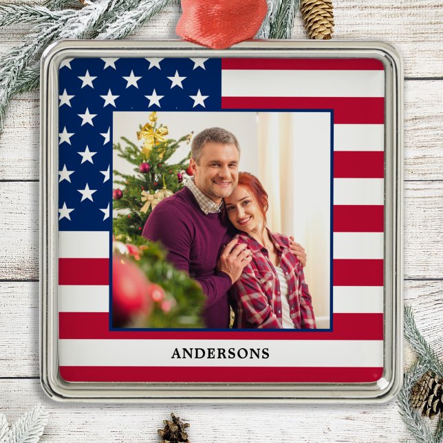 Patriotic Custom Photo American Flag Christmas  Metal Tree Decoration (Creator Uploaded)