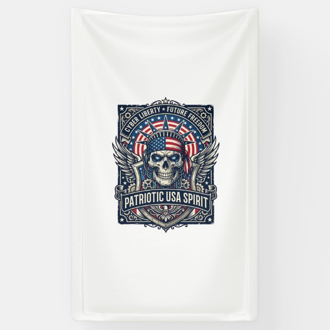 Patriotic Cyber Liberty Skull Cyberpunk Future Fre Banner (Vertical)