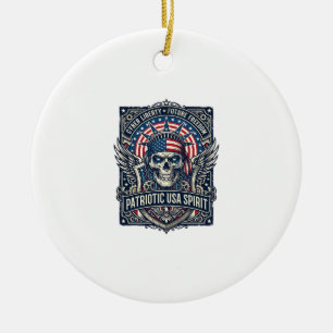 Patriotic Cyber Liberty Skull Cyberpunk Future Fre Ceramic Tree Decoration