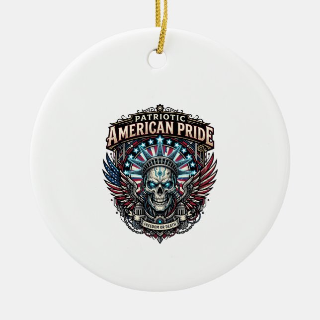 Patriotic Cyber Liberty Skull Cyberpunk Future Fre Ceramic Tree Decoration (Front)