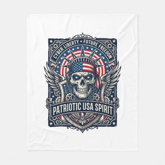 Patriotic Cyber Liberty Skull Cyberpunk Future Fre Fleece Blanket (Front)