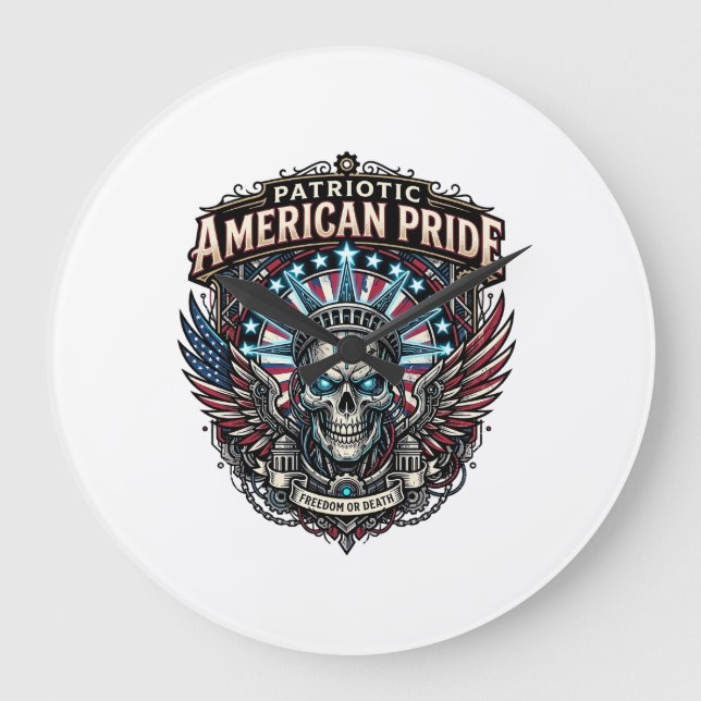 Patriotic Cyber Liberty Skull Cyberpunk Future Fre Large Clock (Front)