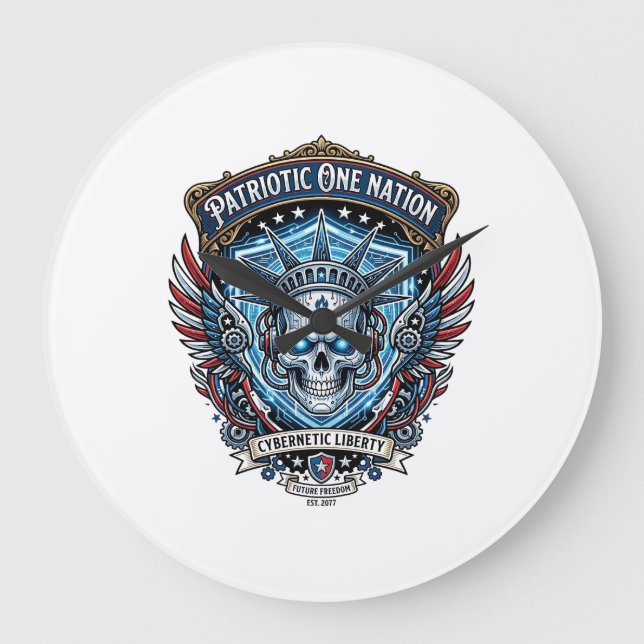 Patriotic Cyber Liberty Skull Cyberpunk Future Fre Large Clock (Front)