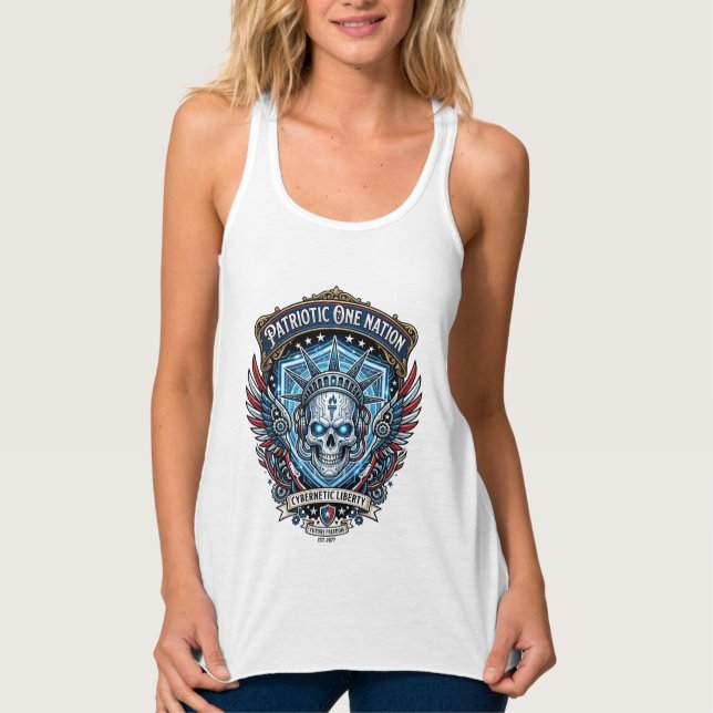 Patriotic Cyber Liberty Skull Cyberpunk Future Fre Singlet (Front)