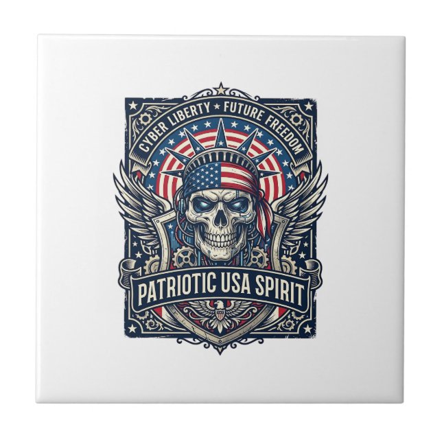 Patriotic Cyber Liberty Skull Cyberpunk Future Fre Tile (Front)