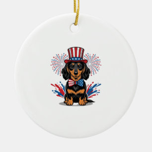 Patriotic Dachshund Fireworks Vintage Vector Art_1 Ceramic Tree Decoration
