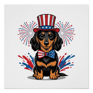 Patriotic Dachshund Fireworks Vintage Vector Art_1 Poster