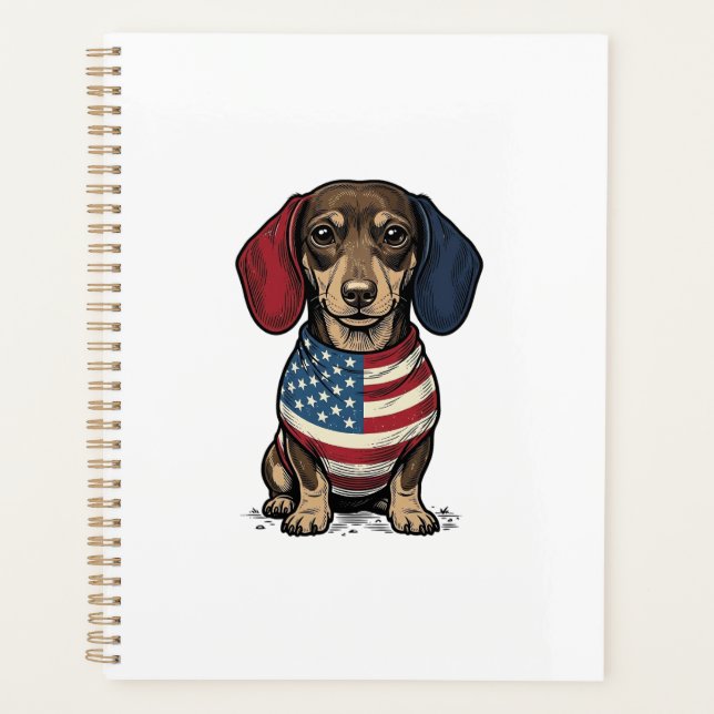 Patriotic Dachshund Vintage Engraving Vector Desig Planner (Front)