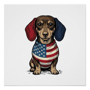 Patriotic Dachshund Vintage Engraving Vector Desig Poster