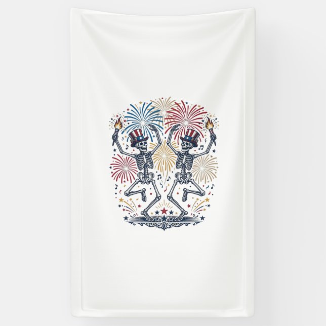 Patriotic Dancing Skeletons Fireworks 4th of July  Banner (Vertical)