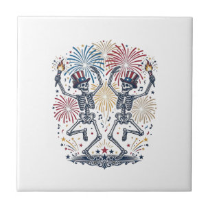 Patriotic Dancing Skeletons Fireworks 4th of July Tile