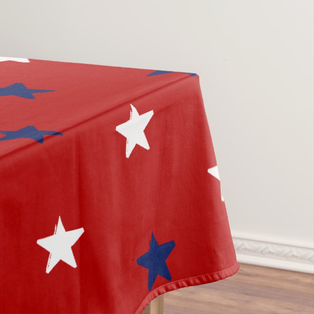 Patriotic dark red white navy blue stars holiday tablecloth (In Situ)