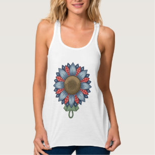 Patriotic Denim Sunflower Ornament Vintage Singlet