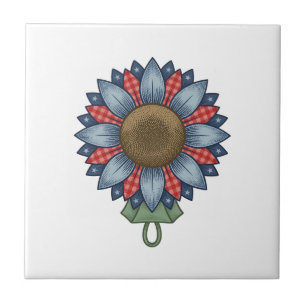 Patriotic Denim Sunflower Ornament Vintage Tile