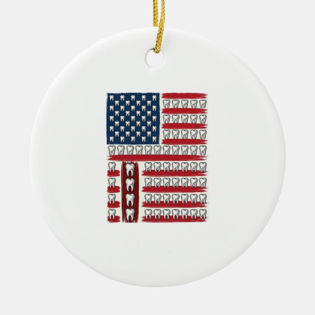 Patriotic Dentist Tooth Flag Ceramic Tree Decoration (Front)