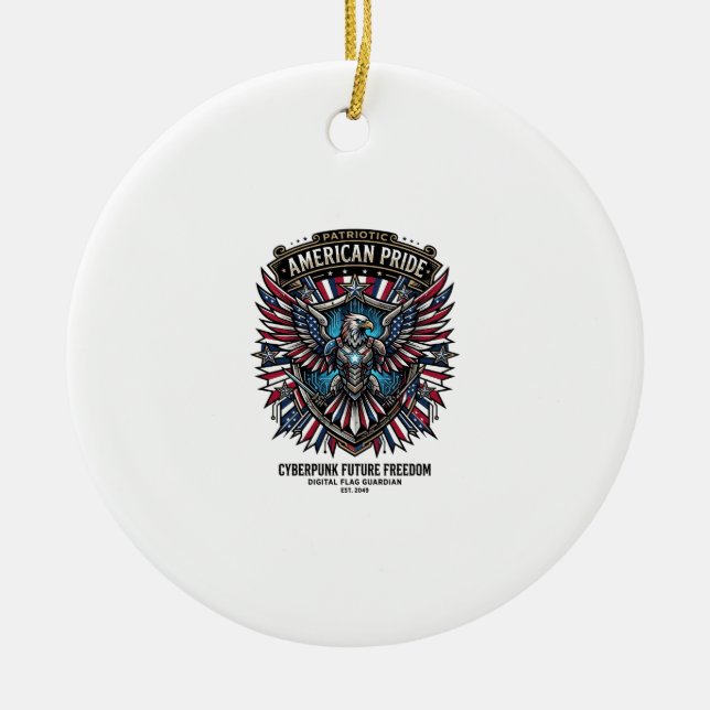 Patriotic Digital Flag Guardian Cyberpunk Future F Ceramic Tree Decoration (Front)