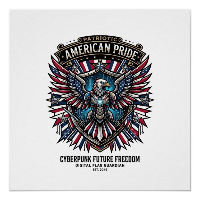 Patriotic Digital Flag Guardian Cyberpunk Future F Poster (Front)