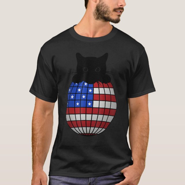 Patriotic Disco Ball American Flag Black Cat Disco T-Shirt (Front)