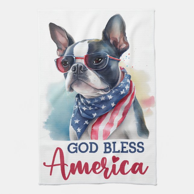 Patriotic Dog-Boston Terrier Tea Towel (Vertical)
