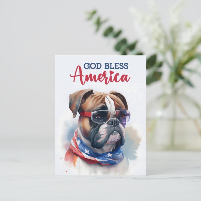 Patriotic Dog-Boxer, God Bless America Postcard (Standing Front)
