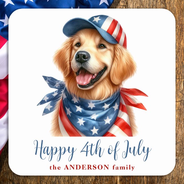 Patriotic Dog Red White Blue USA Flag 4th Of July Square Sticker (Creator Uploaded)