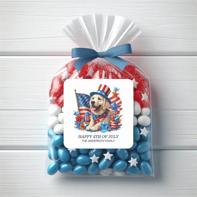 Patriotic Dog Top Hat Red White Blue Stars Stripe  Classic Round Sticker (Sticker-Patriotic dog in a red, white, and blue top hat with the American flag)