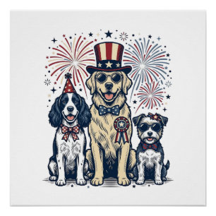 Patriotic Dog Trio Vintage Engraving Shirt Design_ Poster