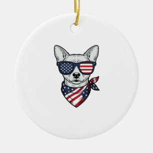 Patriotic Dog with Flag Sunglasses Vintage Vector  Ceramic Tree Decoration