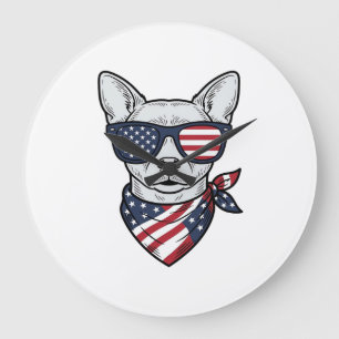 Patriotic Dog with Flag Sunglasses Vintage Vector  Large Clock