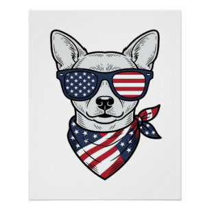 Patriotic Dog with Flag Sunglasses Vintage Vector Poster
