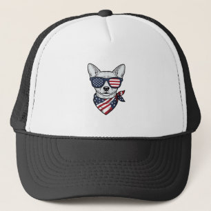 Patriotic Dog with Flag Sunglasses Vintage Vector  Trucker Hat