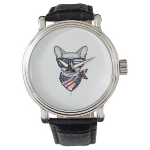 Patriotic Dog with Flag Sunglasses Vintage Vector  Watch