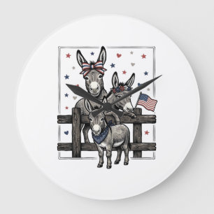 Patriotic Donkeys Vintage 4th of July Shirt Design Large Clock