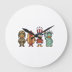 Patriotic Duck and Hot Dog Vintage Vector Shirt_1 Large Clock