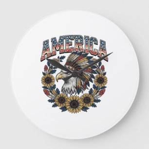 Patriotic Eagle America Sunflower Vintage Large Clock