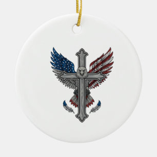 Patriotic Eagle Cross Vintage Engraving Vector Des Ceramic Tree Decoration