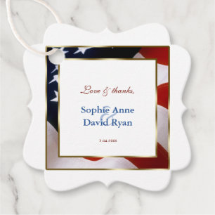 Patriotic, Elegant USA Flag Gold Frame Wedding Favour Tags
