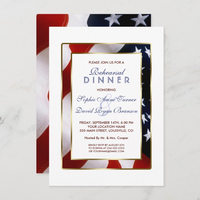 Patriotic, Elegant USA Flag Gold Rehearsal Dinner Invitation (Front/Back)